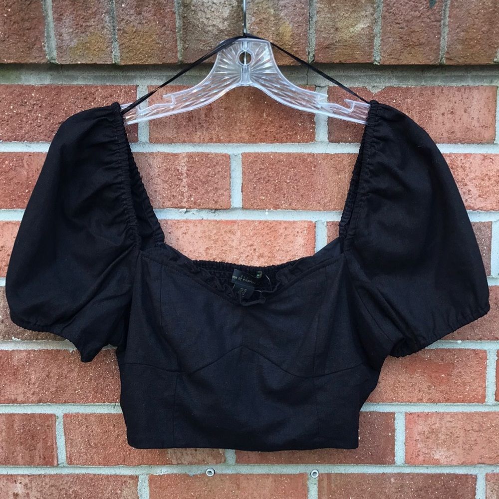 House of Harlow 1960 Puff Sleeve Linen Blend Crop Top Black sz 10 NWOT